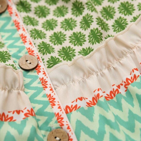 Green Boho Women's Floral Wavy Striped button down Lantern Sleeve mini dress - Picture 7 of 7